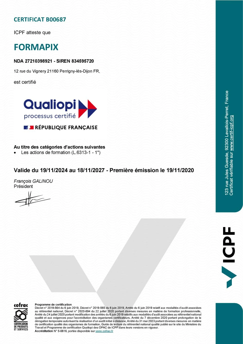Certificat Qualiopi Formapix