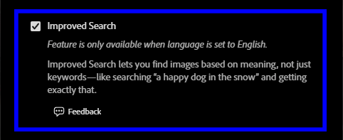 Option à activer dans Lightroom Mobil e pour activer la recherche améliorée basée sur l'IA