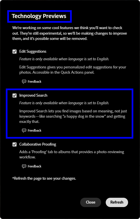 L'option à activer dans Lightroom Mobile pour bénéficier de la recherche améliorée basée sur l'IA